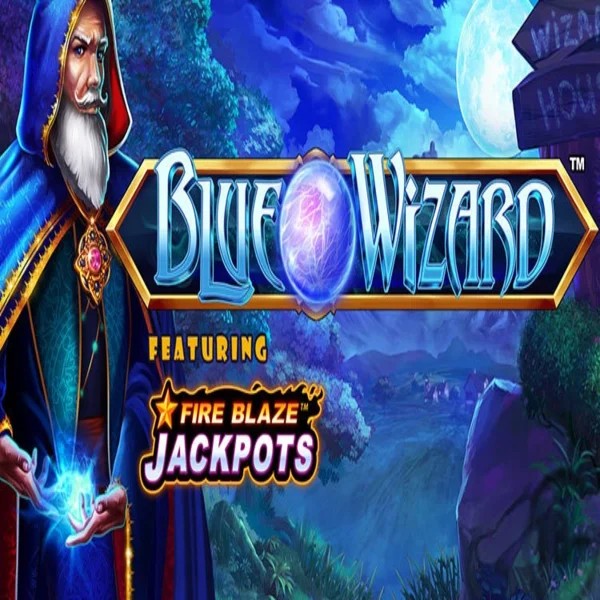 Blue Wizard Fire Blaze Jackpots online game logo by Rarestone Gaming on spinnjoys.com